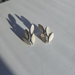 Trifari Signed Silver Tone Leaf Clip On Earrings Vintage Textured Modernist